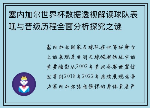 塞内加尔世界杯数据透视解读球队表现与晋级历程全面分析探究之谜